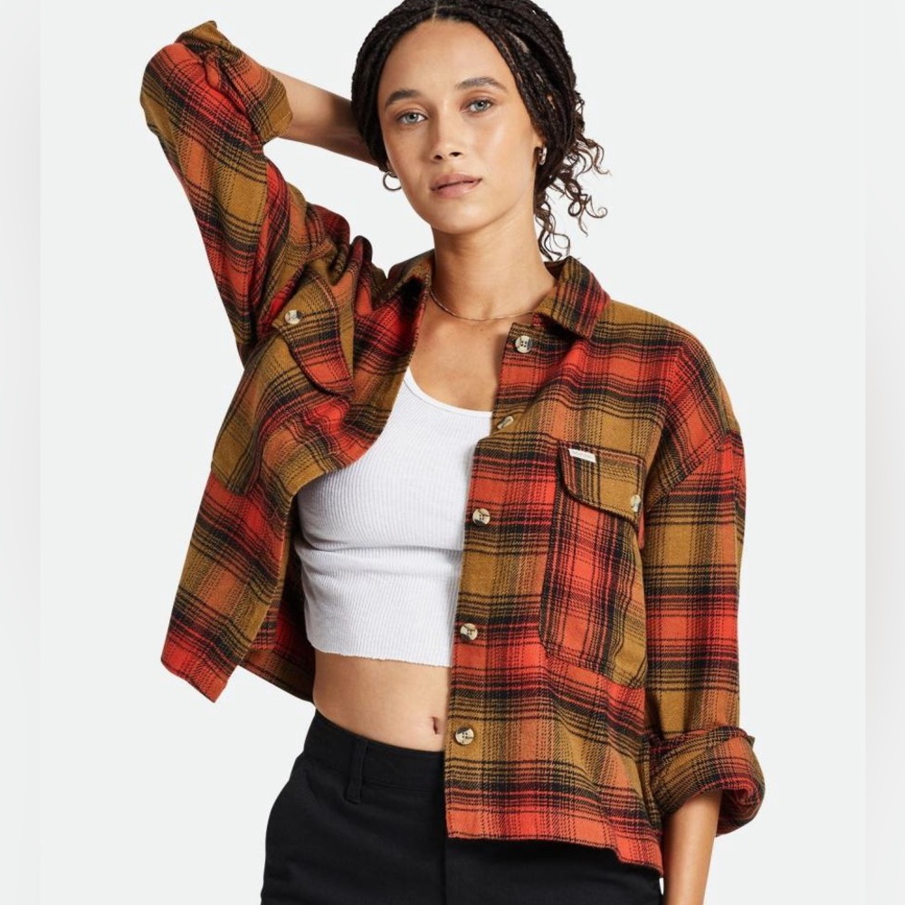 Brixton Bowery Women’s Cropped Flannel Long Sleeve Plaid Shirt XS